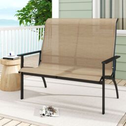 Gymax Outdoor Adirondack Chair 2-Person Patio Garden Bench With Armrests in Brown - thumbnail 8