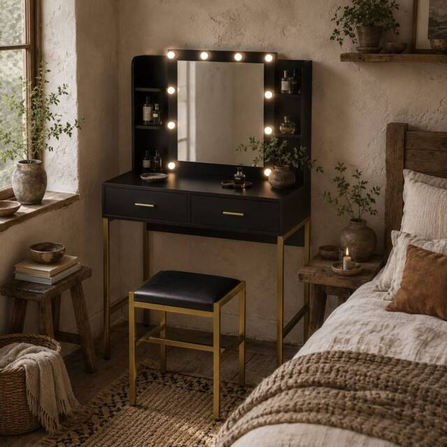 Wyld Haus Taso Kana Black Dressing Table & Stool Set with Illuminated Mirror - image 1