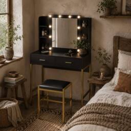 Wyld Haus Taso Kana Black Dressing Table & Stool Set with Illuminated Mirror - thumbnail 1