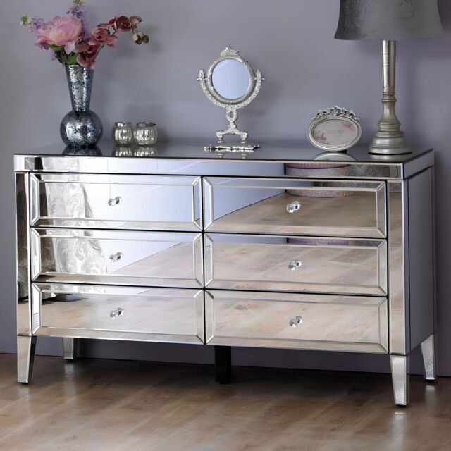 Interior Emporium Ltd Valencia Mirrored Chest of 6 Drawers - Pre-Assembled - Plain in Grey - image 1