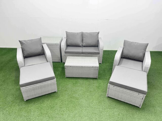Fimous Light Grey PE Wicker Rattan Garden Furniture Set Sofa Set Reclining Adjustable Chair Rectangular Coffee Table 6 Seater 2 Big Stools Side Table - image 1