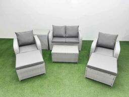 Fimous Light Grey PE Wicker Rattan Garden Furniture Set Sofa Set Reclining Adjustable Chair Rectangular Coffee Table 6 Seater 2 Big Stools Side Table - thumbnail 2