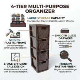 Kelvenix 4 Tier Plastic Choco Brown Medium Rattan Storage Drawers Unit - Size: 0.6m2 - thumbnail 4