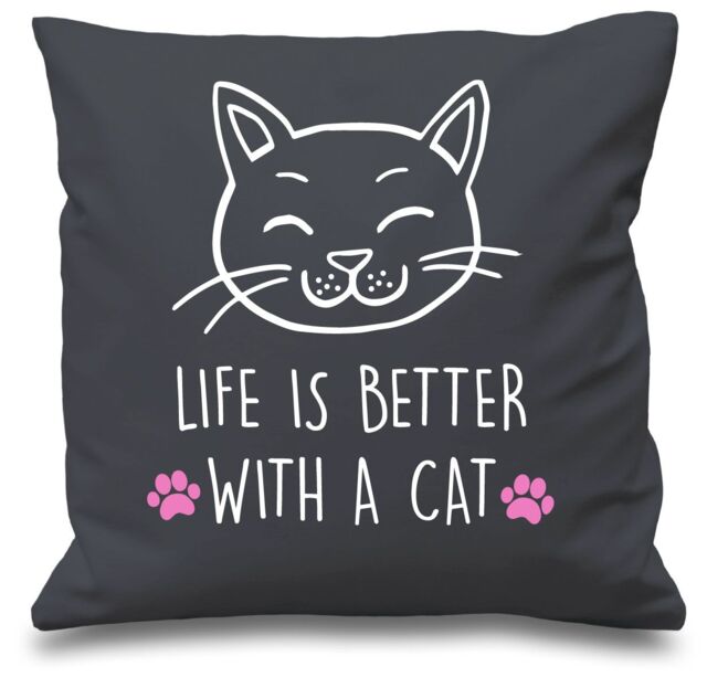 "60 SECOND MAKEOVER Grey Cushion Cover Life Is Better With A Cat 16"" x 16"" Mum Friend Gift Decorative - Size: 40 cm x 40 cm"