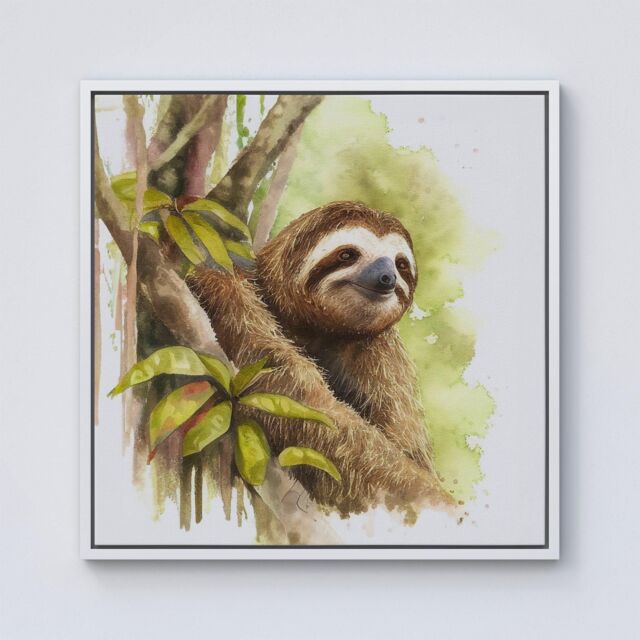 "Warren Reed - Designer Sloth Watercolour Framed Canvas in Off-White - Size: W16"" x H16""" - image 1