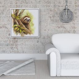 "Warren Reed - Designer Sloth Watercolour Framed Canvas in Off-White - Size: W16"" x H16""" - thumbnail 2