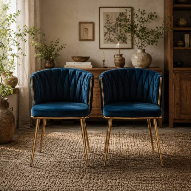 Wyld Haus Sosura Set of 2 Dark Blue Velvet Feel Dining Chairs Woven Back - image 1
