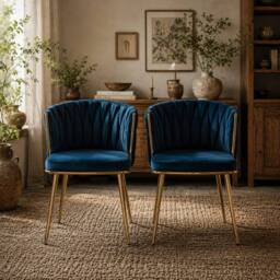 Wyld Haus Sosura Set of 2 Dark Blue Velvet Feel Dining Chairs Woven Back - thumbnail 1