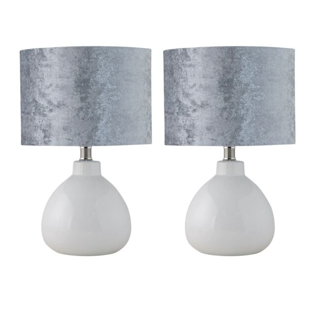 First Choice Lighting Set of 2 Tuscan - White Ceramic Lamps with Grey Crushed Velvet Shade - image 1
