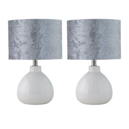 First Choice Lighting Set of 2 Tuscan - White Ceramic Lamps with Grey Crushed Velvet Shade - thumbnail 1