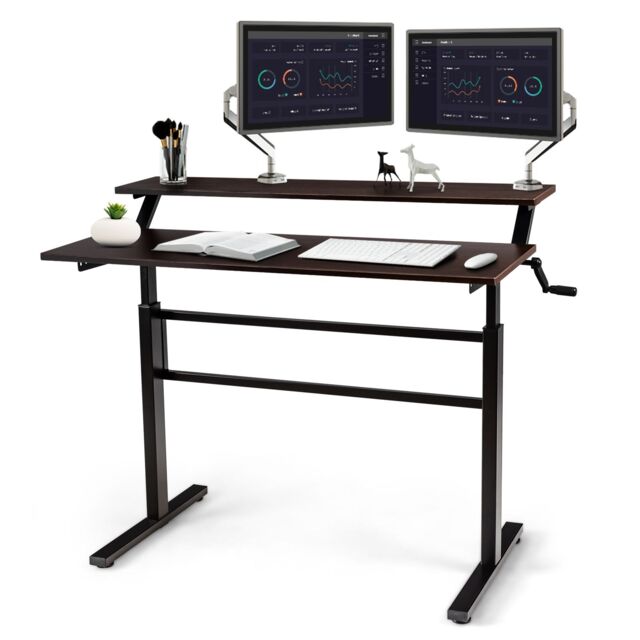 Costway 2-Tier Standing Computer Desk Sit to Stand Workstation Ergonomic Computer Table in Brown - image 1