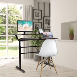 Costway 2-Tier Standing Computer Desk Sit to Stand Workstation Ergonomic Computer Table in Brown - thumbnail 4