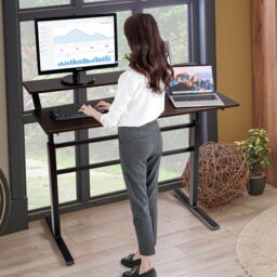 Costway 2-Tier Standing Computer Desk Sit to Stand Workstation Ergonomic Computer Table in Brown - thumbnail 3
