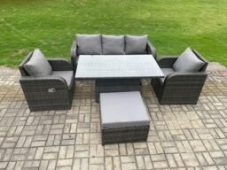Fimous 6 Seater Rattan Outdoor Garden Furniture Sets Height Adjustable Rising lifting Dining Table Lounge Sofa Set Dark Grey Mixed - thumbnail 1