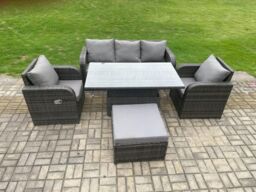 Fimous 6 Seater Rattan Outdoor Garden Furniture Sets Height Adjustable Rising lifting Dining Table Lounge Sofa Set Dark Grey Mixed - thumbnail 2