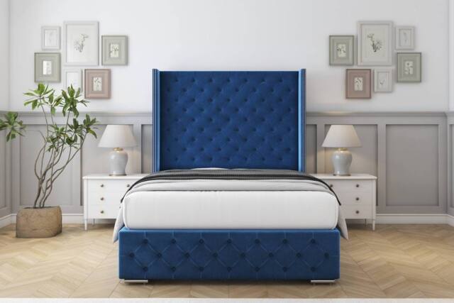 "Sloomy Arundel Plush Frame-Mattress - 50"" Upholstered Wingback Headboard in Navy - Size: King" - image 1