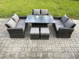 Fimous Wicker PE Rattan Garden Furniture Set Height Adjustable Rising Lifting Table Sofa Dining Set with Double Seat Sofa in Dark Grey - thumbnail 1