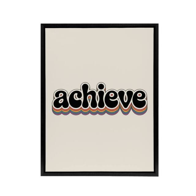 "Artery8 Achieve Colourful Retro Rainbow Font Typography Framed Canvas Art in Beige - Size: W12"" x H16""" - image 1