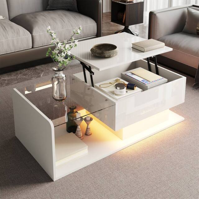 BTM Oval Coffee Table with Sliding Doors Storage Shelf in White - image 1