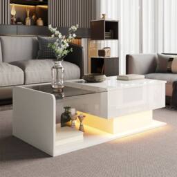 BTM Oval Coffee Table with Sliding Doors Storage Shelf in White - thumbnail 2