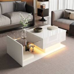 BTM Oval Coffee Table with Sliding Doors Storage Shelf in White - thumbnail 3