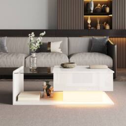 BTM Oval Coffee Table with Sliding Doors Storage Shelf in White - thumbnail 8