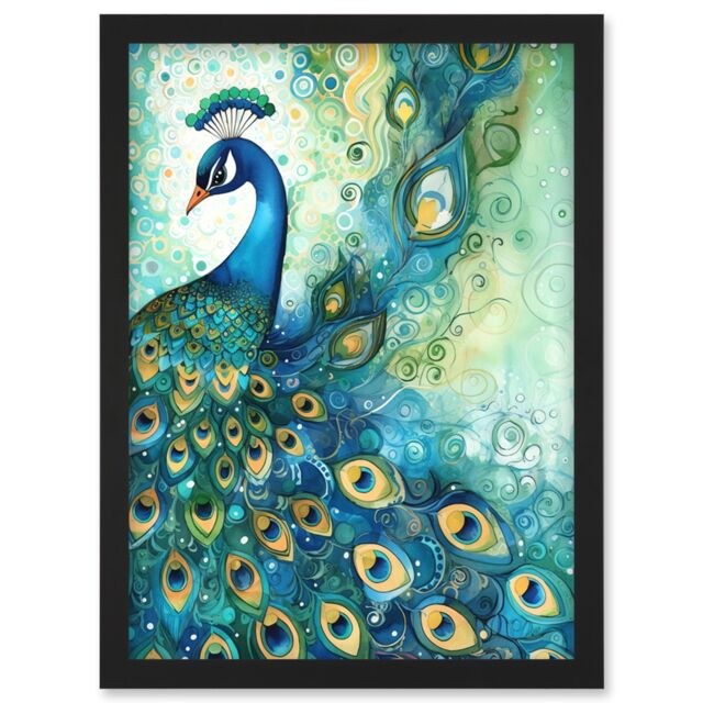 Artery8 Peacock Bird Concept Folk Art Watercolour Painting Artwork Framed Wall Art Print A4 in Black - image 1