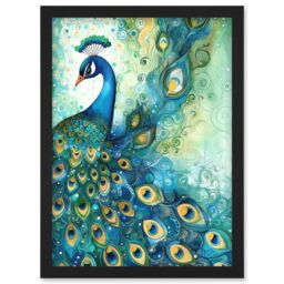 Artery8 Peacock Bird Concept Folk Art Watercolour Painting Artwork Framed Wall Art Print A4 in Black - thumbnail 1