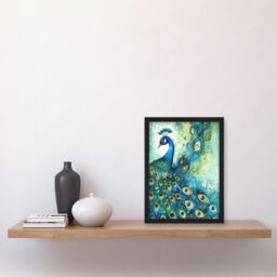 Artery8 Peacock Bird Concept Folk Art Watercolour Painting Artwork Framed Wall Art Print A4 in Black - thumbnail 2