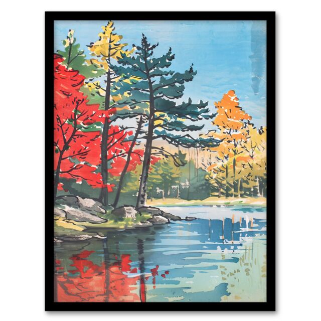 "Artery8 Lake Forest Colourful Trees Japanese Woodblock Framed Wall Art - Size: W12"" x H16""" - image 1
