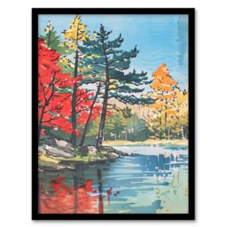 "Artery8 Lake Forest Colourful Trees Japanese Woodblock Framed Wall Art - Size: W12"" x H16""" - thumbnail 1