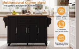 BTM Kitchen Island on Wheels with Foldable Tabletop Storage in Black - thumbnail 8
