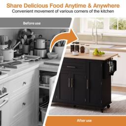 BTM Kitchen Island on Wheels with Foldable Tabletop Storage in Black - thumbnail 5