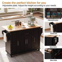 BTM Kitchen Island on Wheels with Foldable Tabletop Storage in Black - thumbnail 4