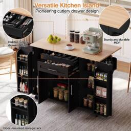BTM Kitchen Island on Wheels with Foldable Tabletop Storage in Black - thumbnail 6