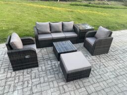 Fimous Garden Furniture Sets 6 Seater Wicker Rattan Furniture Patio Sofa Sets with Reclining Chair 3 Seater Sofa Footstool in Dark Grey - thumbnail 1