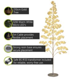 Pegdev Outdoor LED Christmas Tree 210cm 1200 Warm White Lights Gold Balls - Size: 7ft - thumbnail 2