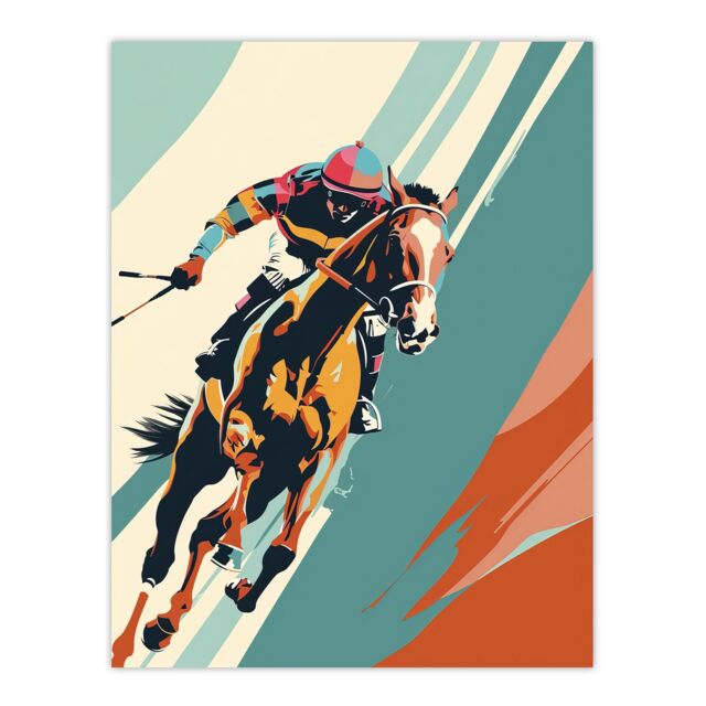 "Artery8 Jockey on Racehorse Animal Race Colourful Pop Art Wall Art Print in Blue - Size: W24"" x H32""" - image 1