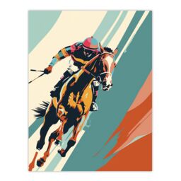 "Artery8 Jockey on Racehorse Animal Race Colourful Pop Art Wall Art Print in Blue - Size: W24"" x H32""" - thumbnail 1