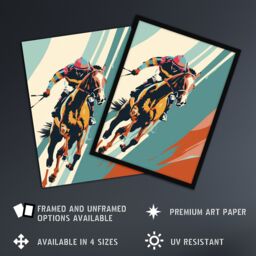 "Artery8 Jockey on Racehorse Animal Race Colourful Pop Art Wall Art Print in Blue - Size: W24"" x H32""" - thumbnail 2