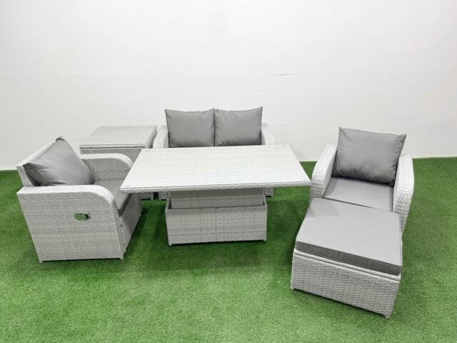 Fimous Light Grey PE Wicker Rattan Garden Furniture Set Sofa Set Reclining Chair Adjustable Lifting Dining or Coffee Table 5 Seater w/ Footstool Side - image 1