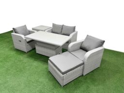Fimous Light Grey PE Wicker Rattan Garden Furniture Set Sofa Set Reclining Chair Adjustable Lifting Dining or Coffee Table 5 Seater w/ Footstool Side - thumbnail 2