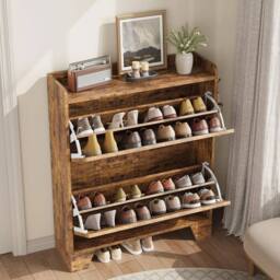 VOGREX Wooden Freestanding Shoe Storage Cabinet 2 Flip Doors in Brown - thumbnail 3