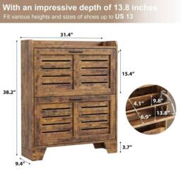 VOGREX Wooden Freestanding Shoe Storage Cabinet 2 Flip Doors in Brown - thumbnail 2