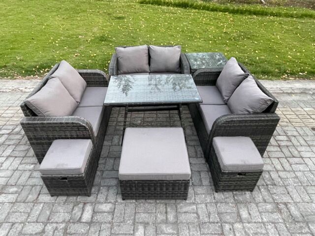 Fimous Outdoor Rattan Garden Furniture Set 9 Seater Patio Love Sofa Set with Rectangular Dining Table 3 Footstools Side Table in Dark Grey - image 1