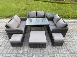 Fimous Outdoor Rattan Garden Furniture Set 9 Seater Patio Love Sofa Set with Rectangular Dining Table 3 Footstools Side Table in Dark Grey - thumbnail 1