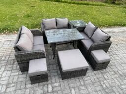 Fimous Outdoor Rattan Garden Furniture Set 9 Seater Patio Love Sofa Set with Rectangular Dining Table 3 Footstools Side Table in Dark Grey - thumbnail 2