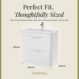 Balterley Bathroom Floor Standing 2 Drawer Vanity Unit Basin, Gloss White, 755mm in White - thumbnail 5