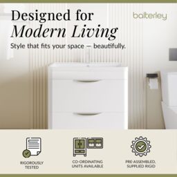 Balterley Bathroom Floor Standing 2 Drawer Vanity Unit Basin, Gloss White, 755mm in White - thumbnail 3