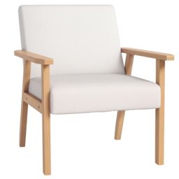 HOMCOM Accent Chair with Wood Frame Wide Seat Linen Armchair in Cream - thumbnail 2